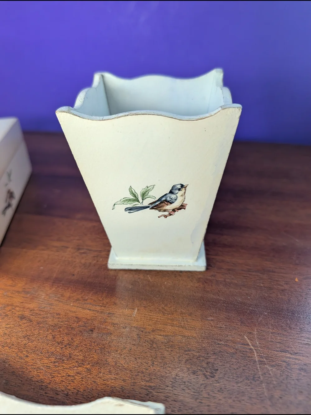 Vintage Italian Lacquered Wood 3-Piece Vanity Dresser Set Decoupage Bird Design
